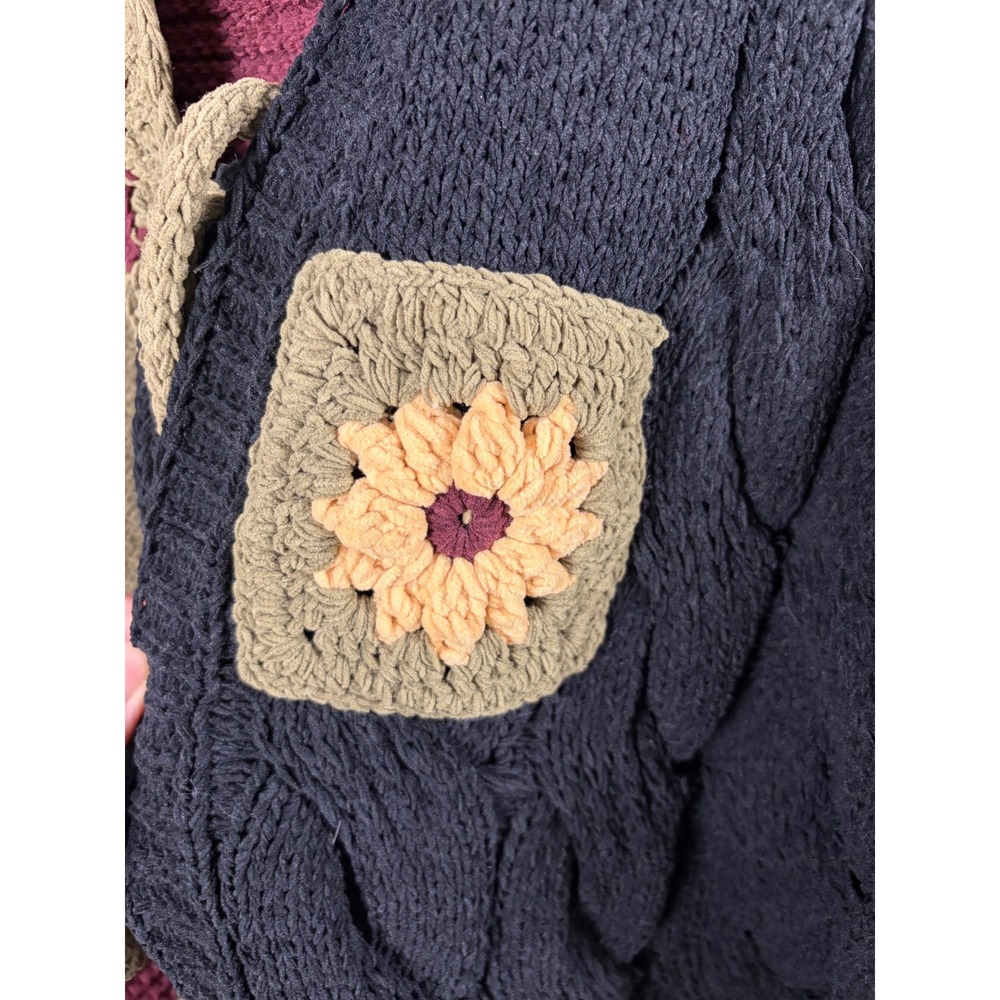 POL Cardigan Sweater Sunflower Crochet Patchwork Sz M Oversized Boho Tie Front - Picture 6 of 12